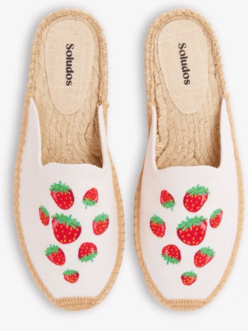Womens | Smoking Mule Espadrille | Embroidery | Strawberries - Oasis - White